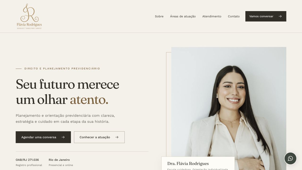 Página inicial do site publicado de Flávia Rodrigues